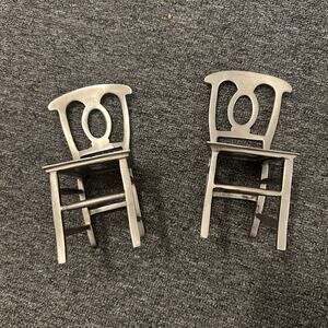 2 RARE VTG. SOLID STAINLESS STEEL TRESTLE BASE NAPOLEON BACK CHAIR FIGURINE